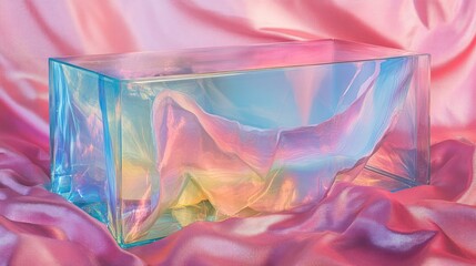 Iridescent fabric inside a glass box on pink silk.