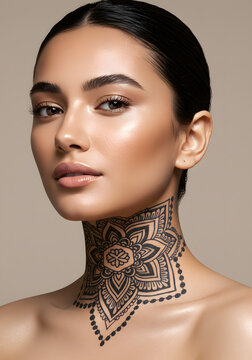 Monochrome tattoo beautifully highlighted on a woman's collarbone with a clean background.