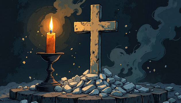 Candle illuminating stone cross with ashes, gothic symbolism