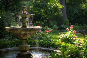 Elegant garden fountain surrounded by lush greenery and vibrant plants, creating a peaceful atmosphere during a sunny afternoon
