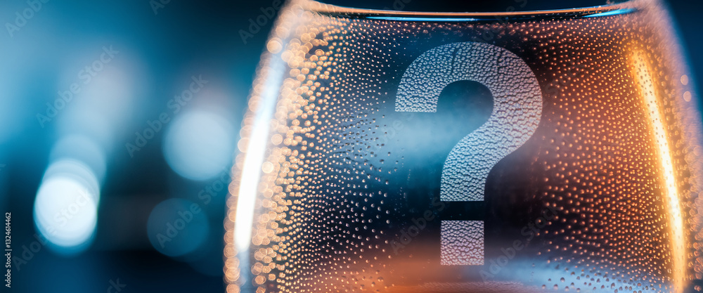Poster close-up of a glass with condensation, featuring a question mark the image evokes mystery, uncertain