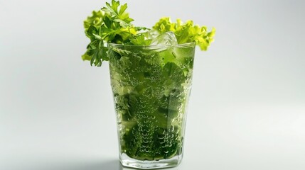 Refreshing healthy smoothie cocktail made from fresh green vegetables and garnished with herbs
