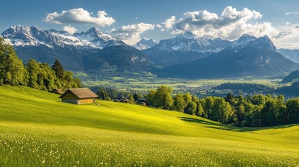Alpine Meadow Serenity: Picturesque Mountain Landscape with Cabin