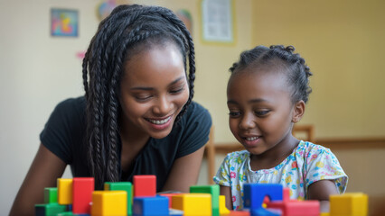 A smiling African American teacher and child in preschool playing with colorful plastic blocks. The instructor has dreadlocks. An educational classroom environment. 