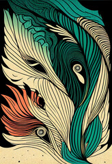Abstrakcyjna grafika boho – kolorowy wektorowy wzór organiczny, nowoczesna ilustracja artystyczna, styl surrealistyczny, fantazyjne linie, liście i pióra, elegancki design dekoracyjny, harmonia natury
