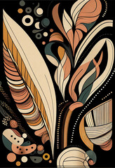 Abstrakcyjna grafika boho – kolorowy wektorowy wzór organiczny, nowoczesna ilustracja artystyczna, styl surrealistyczny, fantazyjne linie, liście i pióra, elegancki design dekoracyjny, harmonia natury