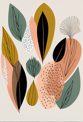Abstrakcyjna grafika boho – kolorowy wektorowy wzór organiczny, nowoczesna ilustracja artystyczna, styl surrealistyczny, fantazyjne linie, liście i pióra, elegancki design dekoracyjny, harmonia natury