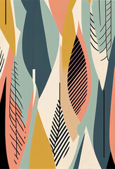 Abstrakcyjna grafika boho – kolorowy wektorowy wzór organiczny, nowoczesna ilustracja artystyczna, styl surrealistyczny, fantazyjne linie, liście i pióra, elegancki design dekoracyjny, harmonia natury
