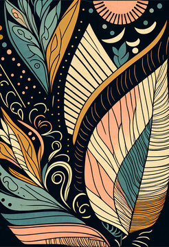 Fototapeta Abstrakcyjna grafika boho – kolorowy wektorowy wzór organiczny, nowoczesna ilustracja artystyczna, styl surrealistyczny, fantazyjne linie, liście i pióra, elegancki design dekoracyjny, harmonia natury
