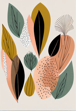 Fototapeta Abstrakcyjna grafika boho – kolorowy wektorowy wzór organiczny, nowoczesna ilustracja artystyczna, styl surrealistyczny, fantazyjne linie, liście i pióra, elegancki design dekoracyjny, harmonia natury