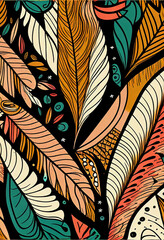 Abstrakcyjna grafika boho – kolorowy wektorowy wzór organiczny, nowoczesna ilustracja artystyczna, styl surrealistyczny, fantazyjne linie, liście i pióra, elegancki design dekoracyjny, harmonia natury