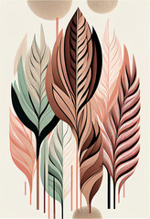 Abstrakcyjna grafika boho – kolorowy wektorowy wzór organiczny, nowoczesna ilustracja artystyczna, styl surrealistyczny, fantazyjne linie, liście i pióra, elegancki design dekoracyjny, harmonia natury