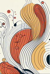 Abstrakcyjna grafika boho – kolorowy wektorowy wzór organiczny, nowoczesna ilustracja artystyczna, styl surrealistyczny, fantazyjne linie, liście i pióra, elegancki design dekoracyjny, harmonia natury
