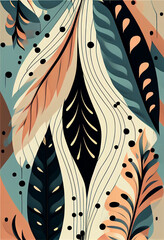 Abstrakcyjna grafika boho – kolorowy wektorowy wzór organiczny, nowoczesna ilustracja artystyczna, styl surrealistyczny, fantazyjne linie, liście i pióra, elegancki design dekoracyjny, harmonia natury
