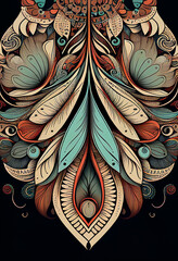 Abstrakcyjna grafika boho – kolorowy wektorowy wzór organiczny, nowoczesna ilustracja artystyczna, styl surrealistyczny, fantazyjne linie, liście i pióra, elegancki design dekoracyjny, harmonia natury