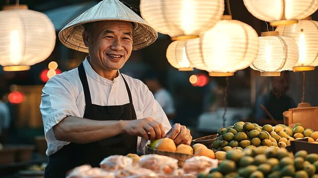 Market vendors exchanging handmade goods for fresh fruit