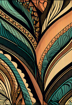 Fototapeta Abstrakcyjna grafika boho – kolorowy wektorowy wzór organiczny, nowoczesna ilustracja artystyczna, styl surrealistyczny, fantazyjne linie, liście i pióra, elegancki design dekoracyjny, harmonia natury