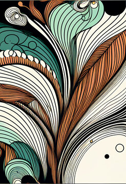 Fototapeta Abstrakcyjna grafika boho – kolorowy wektorowy wzór organiczny, nowoczesna ilustracja artystyczna, styl surrealistyczny, fantazyjne linie, liście i pióra, elegancki design dekoracyjny, harmonia natury