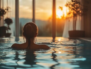 Girl enjoys a peaceful swim in a spa bathroom during a beautiful sunset, surrounded by tranquil nature