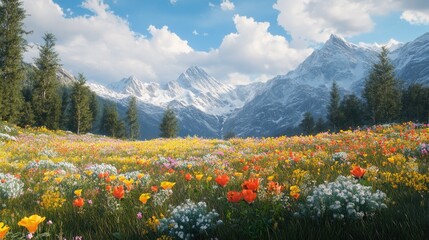 Alpine Meadow, a vibrant floral paradise nestled against snow-capped mountains under a summer sky