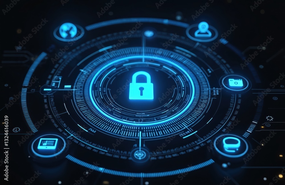 Aufkleber cybersecurity concept graphic with glowing lock. digital interface with internet safety, protection,