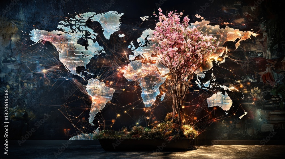 Poster global connection concept; blossoming bonsai tree with world map backdrop.