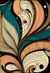 Abstrakcyjna grafika boho – kolorowy wektorowy wzór organiczny, nowoczesna ilustracja artystyczna, styl surrealistyczny, fantazyjne linie, liście i pióra, elegancki design dekoracyjny, harmonia natury