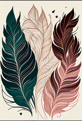 Abstrakcyjna grafika boho – kolorowy wektorowy wzór organiczny, nowoczesna ilustracja artystyczna, styl surrealistyczny, fantazyjne linie, liście i pióra, elegancki design dekoracyjny, harmonia natury