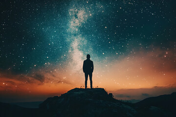 Fototapeta premium A Lone Figure Silhouetted Against A Breathtaking Celestial Canvas Of Stars And A Vibrant Sunset, Feeling The Vastness Of The Universe Under A Twilight Sky Isolated on Transparent Background