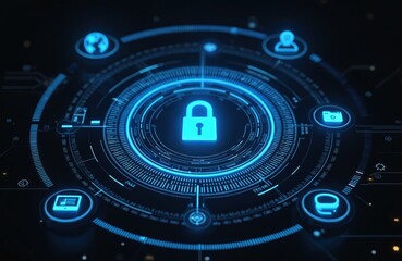 Obraz premium Cybersecurity concept graphic with glowing lock. Digital interface with internet safety, protection, encryption. Abstract hi-tech background illustrates data security, online privacy, secure