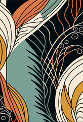 Abstrakcyjna grafika boho – kolorowy wektorowy wzór organiczny, nowoczesna ilustracja artystyczna, styl surrealistyczny, fantazyjne linie, liście i pióra, elegancki design dekoracyjny, harmonia natury
