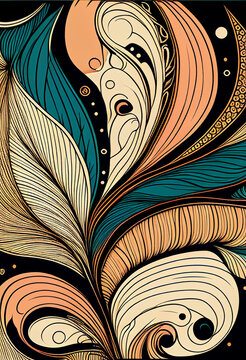 Fototapeta Abstrakcyjna grafika boho – kolorowy wektorowy wzór organiczny, nowoczesna ilustracja artystyczna, styl surrealistyczny, fantazyjne linie, liście i pióra, elegancki design dekoracyjny, harmonia natury