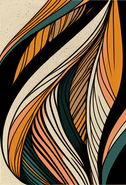 Fototapeta Abstrakcyjna grafika boho – kolorowy wektorowy wzór organiczny, nowoczesna ilustracja artystyczna, styl surrealistyczny, fantazyjne linie, liście i pióra, elegancki design dekoracyjny, harmonia natury