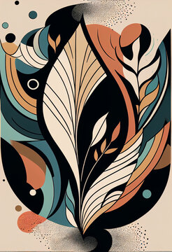 Fototapeta Abstrakcyjna grafika boho – kolorowy wektorowy wzór organiczny, nowoczesna ilustracja artystyczna, styl surrealistyczny, fantazyjne linie, liście i pióra, elegancki design dekoracyjny, harmonia natury