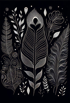 Fototapeta Abstrakcyjna grafika boho – kolorowy wektorowy wzór organiczny, nowoczesna ilustracja artystyczna, styl surrealistyczny, fantazyjne linie, liście i pióra, elegancki design dekoracyjny, harmonia natury