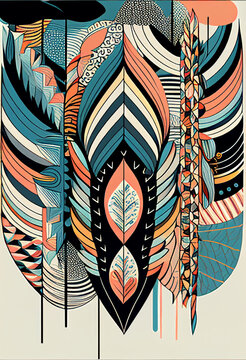 Fototapeta Abstrakcyjna grafika boho – kolorowy wektorowy wzór organiczny, nowoczesna ilustracja artystyczna, styl surrealistyczny, fantazyjne linie, liście i pióra, elegancki design dekoracyjny, harmonia natury