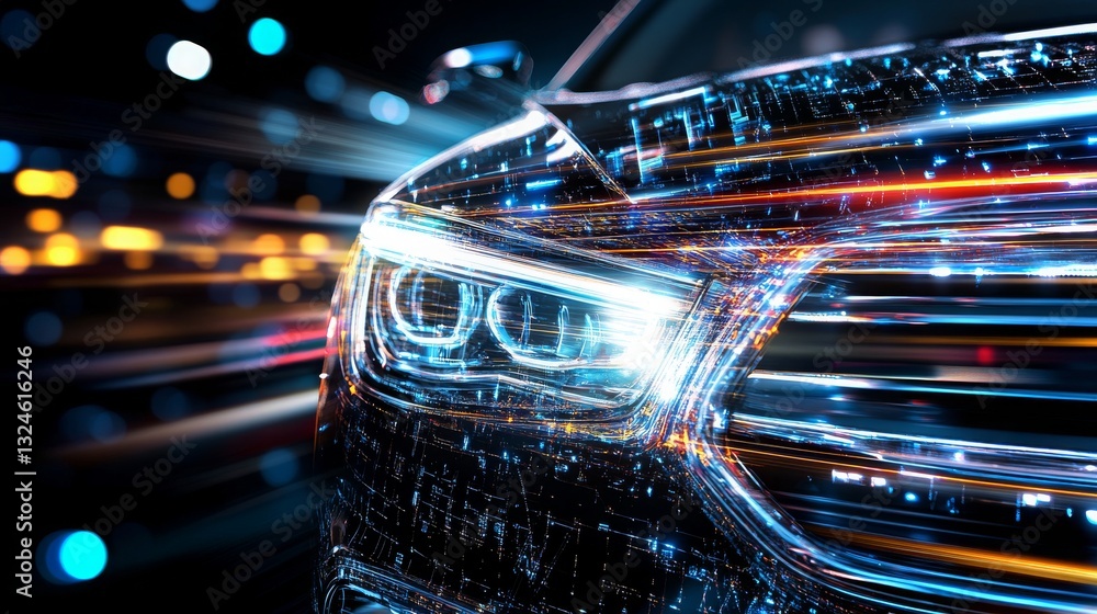 Poster exploring the dynamic interplay of light and motion around a modern car in vibrant 4k visuals