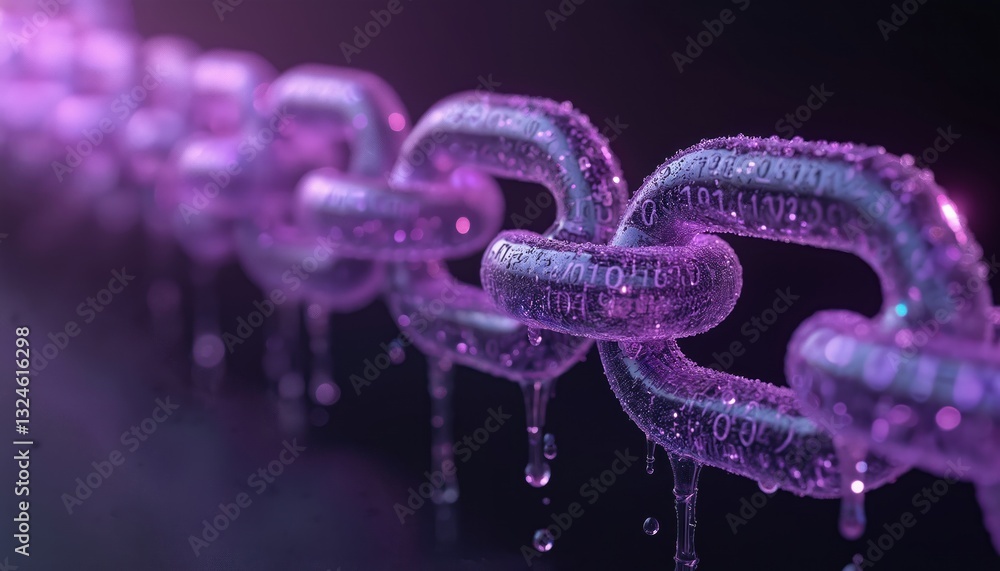 Leinwandbilder three-dimensional purple chain with binary code over dark background. futuristic digital design conc