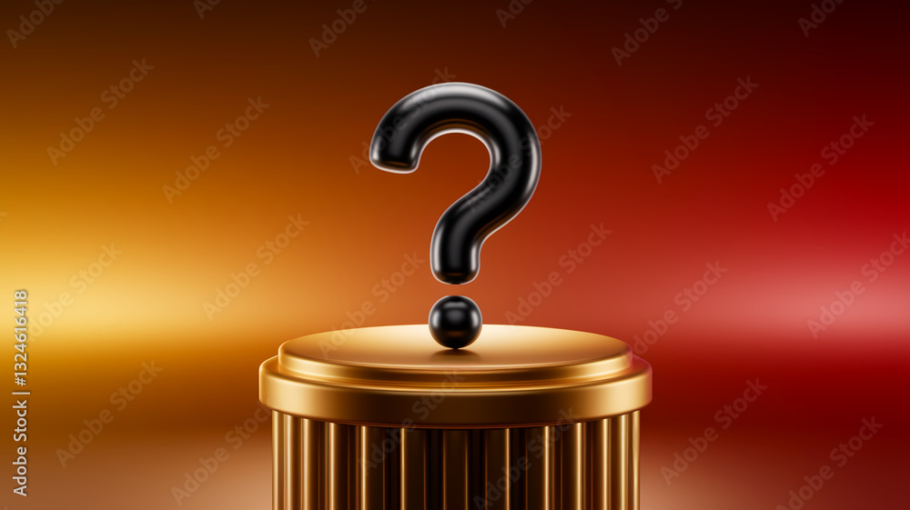 Poster black question mark on gold pedestal against warm gradient background, symbolizing inquiry, uncertai
