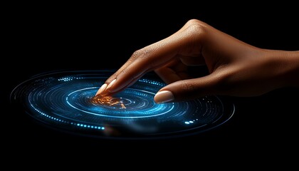 Hand touches digital interface for dark background.