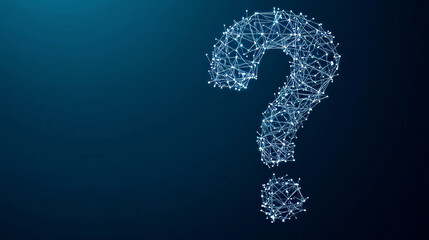 Abstract digital Question mark. Futuristic low poly wireframe Ask symbol. Support, Help, and Problem symbols on blue technology background. Polygonal illustration consist of lines and connected dots.
