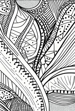 Fototapeta Abstrakcyjna grafika boho – kolorowy wektorowy wzór organiczny, nowoczesna ilustracja artystyczna, styl surrealistyczny, fantazyjne linie, liście i pióra, elegancki design dekoracyjny, harmonia natury