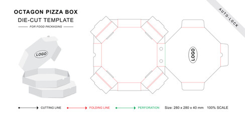 Octagon Pizza box die cut template with 3D blank vector mockup for food packaging