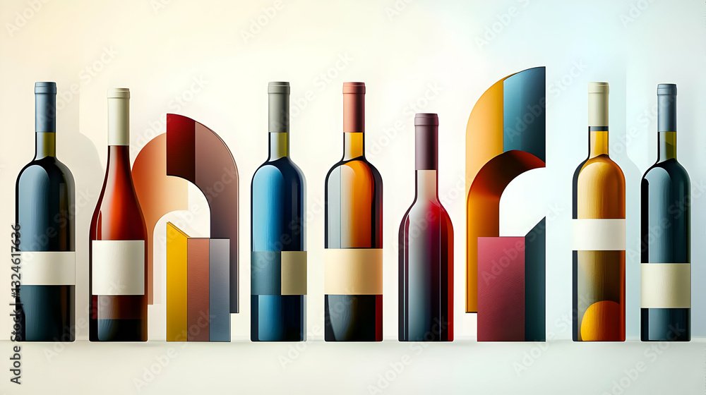 Poster array of wine bottles in variety of colors displayed against white background with geometric shapes