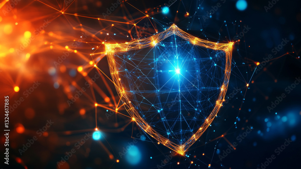 Poster security shield. digital technology protect sign. cyber security and information or network protecti