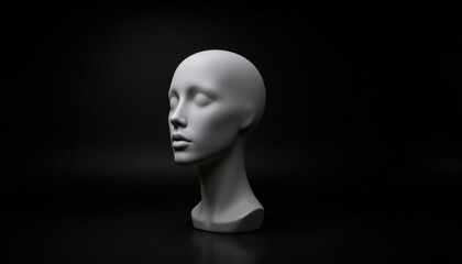 An isolated blank white mannequin head is depicted in a side view on a dark black background, showcasing its plastic human like features and a fade effect