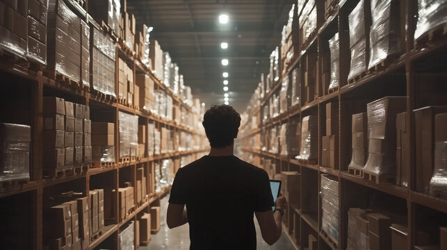 Advanced inventory control, logistics worker navigating tablet UI, smart shelves, automated sorting in futuristic warehouse.
