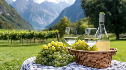 Intimate table for two surrounded by vineyards, showcasing fresh grapes, wine, and a breathtaking view of the mountains