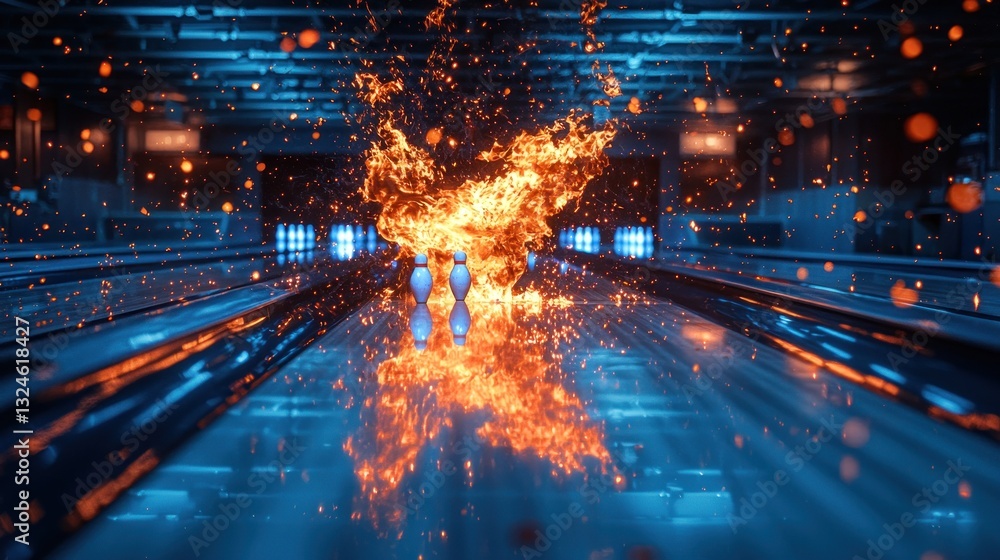 Aufkleber flaming bowling pins exploding on a lane.