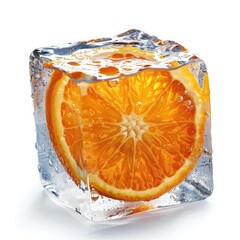 Bright orange slice encapsulated in clear ice cube on a crisp white background for refreshing beverage enhancement